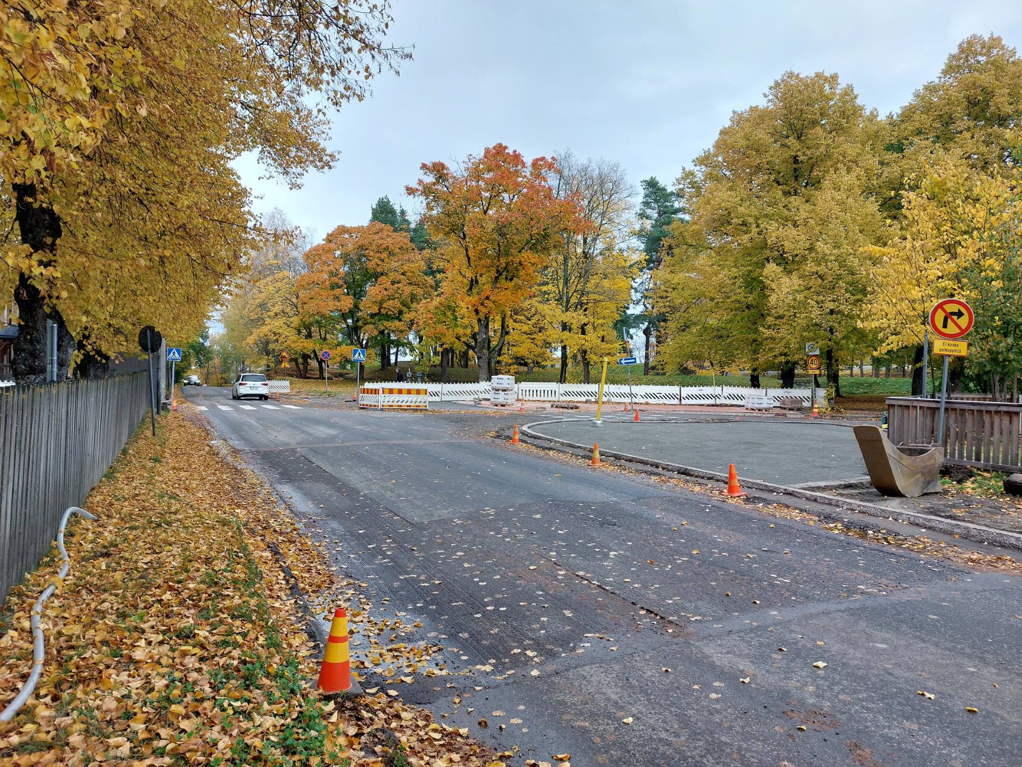 Liisankadun ja Mannerheiminkadun risteysalue, asvalttikatua, syksyisiä puita, liikenteenohjausmerkkejä.